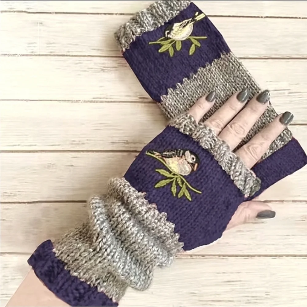 Fingerless Gloves Thumb Holes Purple Gray Grey Embroidered Birds Mittens NEW